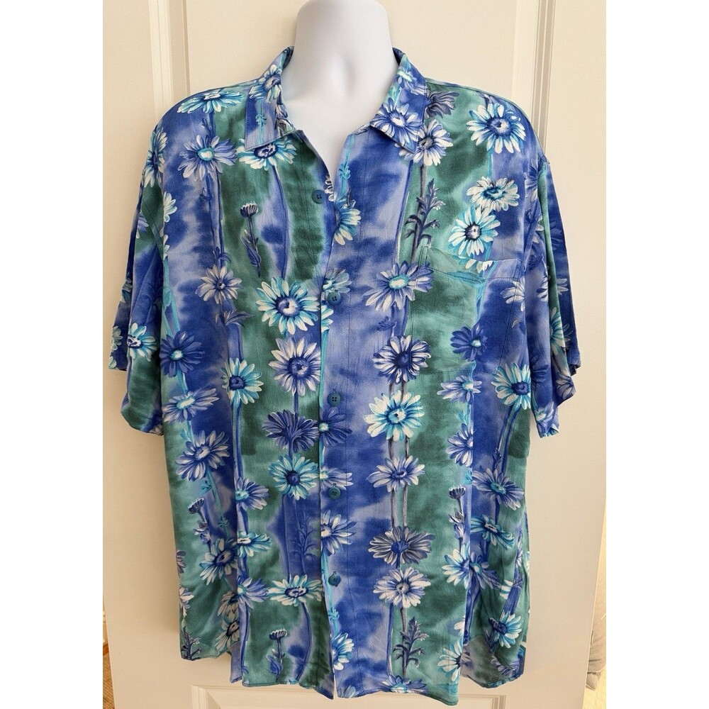 Jams World Men’s Hawaiian Aloha Short Sleeve Shirt, XL, Blue Green Floral, EUC